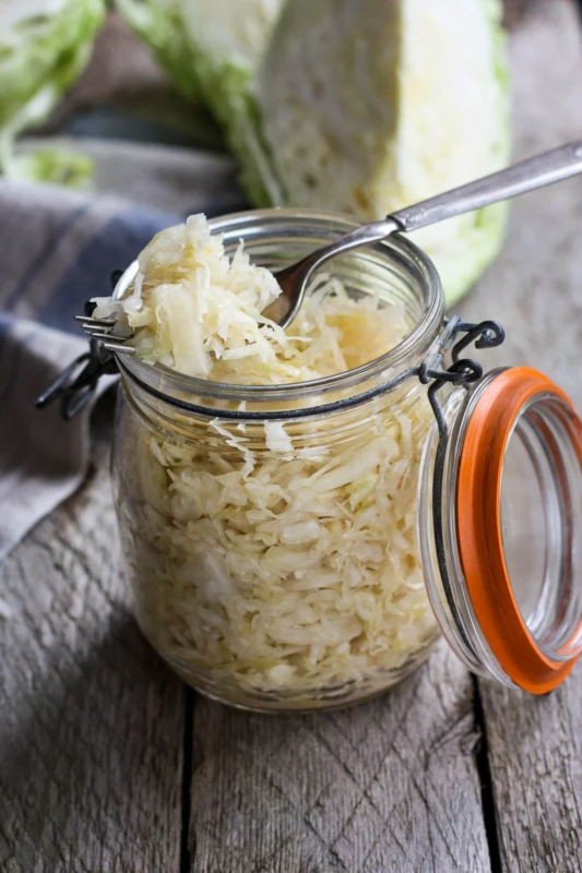 Sauerkraut: Fermented cabbage packed with probiotics for improved digestion and gut health.